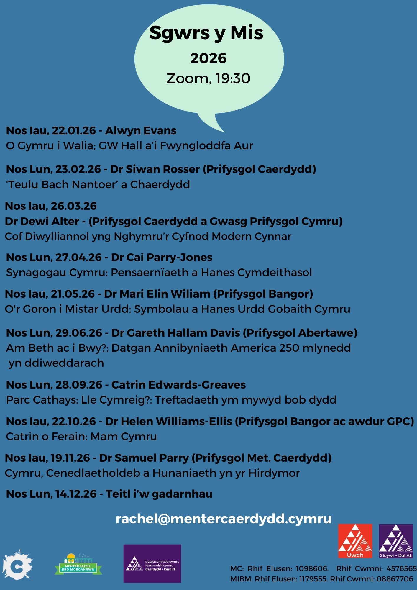 Monthly Zoom Lectures in Welsh (2026)